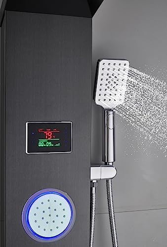 Image of ELLO&ALLO Shower Panel System Tower, LED Rainfall and Mist Head Rain Massage Stainless Steel Bathroom Fixtures with LED Body Jets, Brushed Black
