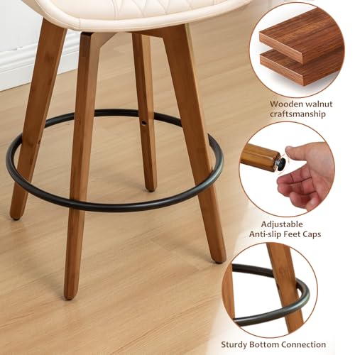 Image of Bar Stools Set of 2, 29.5 Inch Mid Century Modern Swivel Bar Stools, Furniture with Curved Back, Faux Leather Upholstered and Walnut Wood Frame for Bar /Pub /Island (White, 29.5 inch-2 PCS)