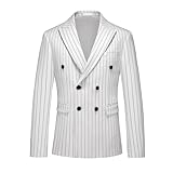MOGU Men’s Striped Sport Coat – Slim Fit Pinstripe Blazer Suit Jacket for Men, Business Casual Dress Coat Size M Double Breasted White