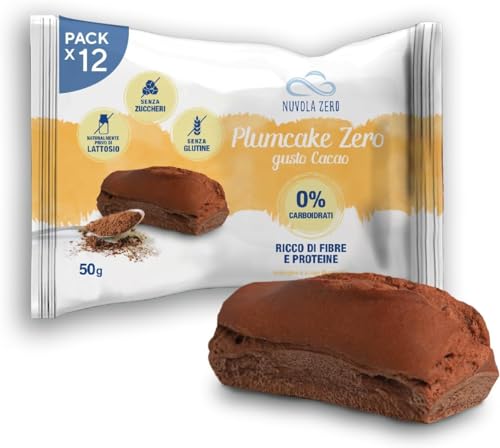 Nuvola Zero - Plumcake Zero Sabor Cacao Sin Carbohidratos, Snacks Sin Lactosa, Sin Azúcar, Sin Gluten, Rico en Fibra, Pack de 12 uds, Made in Italy