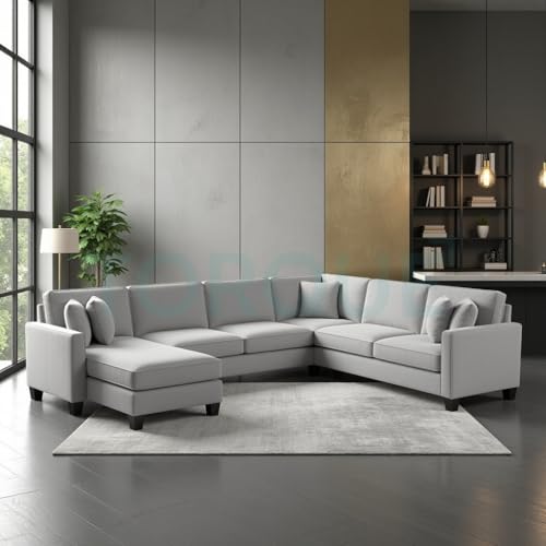 Torque - Moscow 7 Seater U Shape Fabric Sofa (Left Side,Light Grey) for Living Room, Bedroom, Home, Office Furniture | 1 Year Warranty.