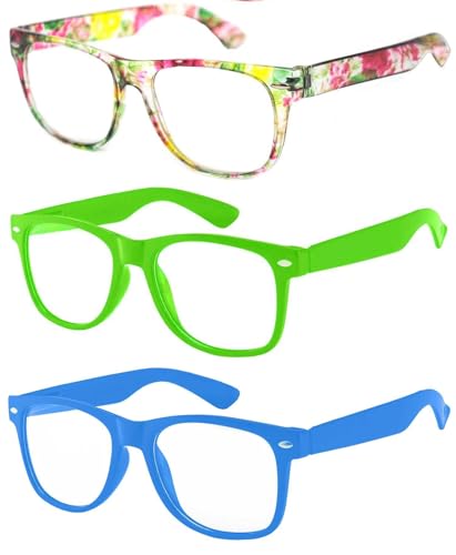 OWL 3 Pack Kids Clear Lens Glasses Floral Green, Green, Blue Non Prescription UV400 Lenses