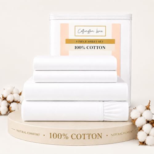 Cottington Lane 100% Cotton Olympic Queen Sheet Set 4 Piece White Luxury Hotel Quality Sheets Deep Pocket Fits 8-16 Inch Mattress Breathable Durable Cooling Sheets with Smooth Satin Weave