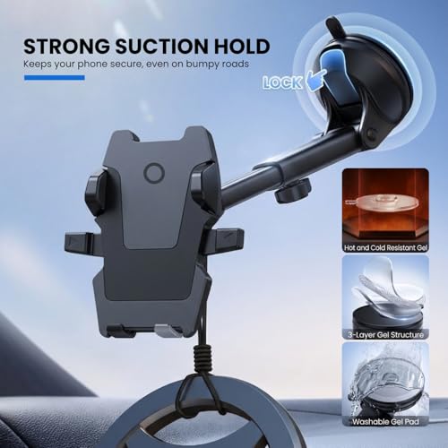 Image of Long Neck Car Mobile Phone Holder | 360 Rotatable Phone Mount with Strong Suction Cup | Adjustable Windshield & Dashboard Stand for All Smartphones (Black)