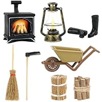 Gnome Accessories Fireplace, 8-Piece Miniature Dollhouse Accessory Set, Gnome Fireplace, Gnome Christmas Furniture Decoration, Fireplace, Haystack, Hoe, Wellington Boots, Carts, Broom Firewood, for