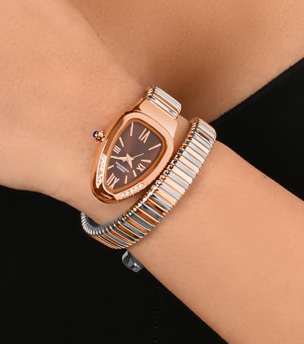 Image of French Connection Eternelle Curve | Brown Dial with Rose Gold Case | Flexible Wrap Bracelet Strap | Crystal Accent Design | Roman Numerals Analog Watch for Women - FCN0142BRTM