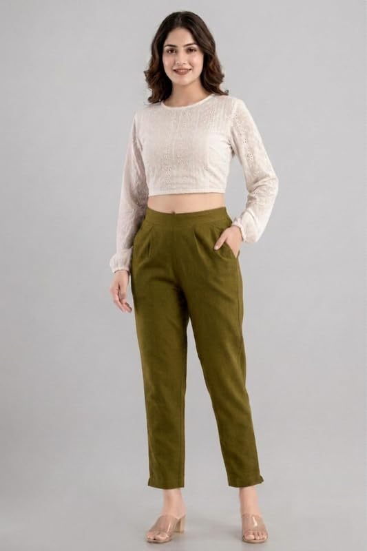 Image of Solid Cotton Woman Trousers Pants Regular Fit Kurti Pant with Drawstring Daily Office Formal Casual Use