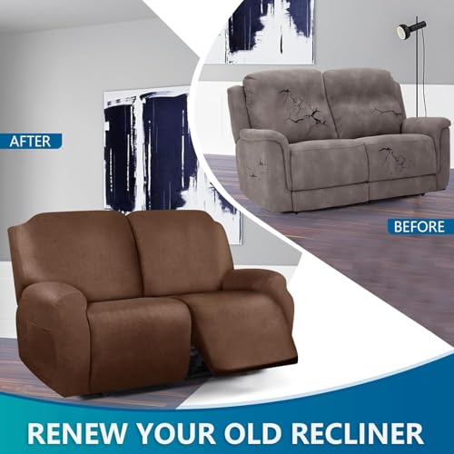 Image of molasofa Loveseat Recliner Slipcover Large Size Oversized - 6 Piece Stretch Leather Like Recliner Sofa Cover for 2 Seat Dual Reclining Loveseat Couch Furniture Protector (Light Brown)