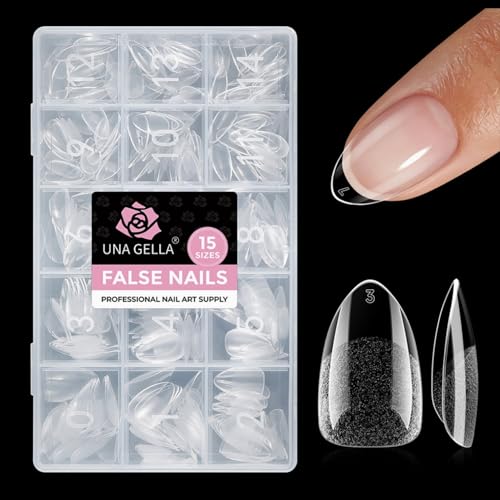 UNA GELLA Short Almond Gel Nail Tips 15 Sizes 300PCS Pre-Etched Soft Gel Clear Nail Tips Easy DIY Salon Short Almond Press On Nails Snug Fit Acrylic Fake Tips Extensions Long-Lasting Hold
