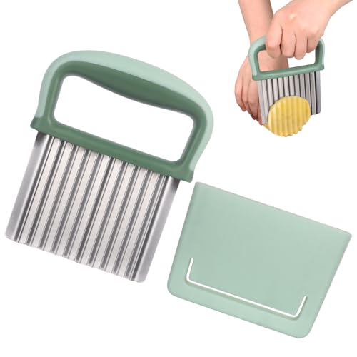 Crinkle Cutter Stainless Steel Potato Peeler French Fry Cutter Kitchen Tool Fruit and Vegetable Wave Cutting Tool (Green)