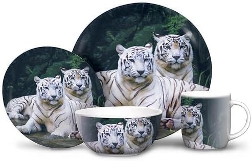 Generic 16-Piece Wildlife Dinnerware Set, with 4 Dinner Plates, 4 Salad Plates, 4 Soup Bowls, 4 Mugs, Tiger, Medium