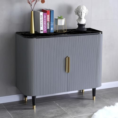 Image of Boston Console Table, Black Marble Top, Charcoal Louvers, Golden Accents, 36x15x30 Inch, Waterproof Plywood, 3-Shelf Storage Cabinet, Elegant Entryway or Living Room Display Table (Grey)