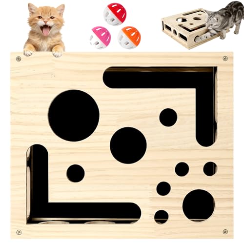 Cat Scratch Puzzle Enrichment Box Wooden Cat Nail File Box Stress Free Alternative to Grinders Maze Toy Box for Indoor Cats Scratching with Sandpaper & 3 Bell Balls