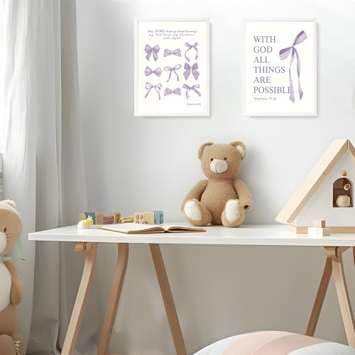 Image of LARTSFRO Coquette Purple Bow Wall Art Decor Posters, Purple Bow Room Bedroom Bathroom Dorm Wall Art Decor Aesthetic for Teen Girls Gifts, Inspirational Bible Verses Bow Wall Decor, 12x16 Inch Set of 4 Pcs Bow Pictures (UNFRAMED)