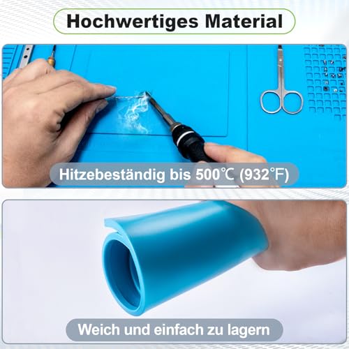 Spurtar Lötmatte Silikon 500℃ Hitzebeständige, 45 x 30 cm Verdickte Arbeitsmatte Werkstatt für Lötpistolen/Heißpistolen, Magnetische Reparatur Matte für Elektronik, Löten, Telefon, iPad, Uhren