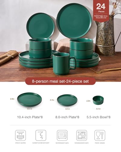Image of Famiware Nebula Ridge Stoneware Dinnerware Sets for 8, 24 Pieces Plates and Bowls Sets, Dishes Set, Microwave and Dishwasher Safe Kitchen Plates, Dark Green