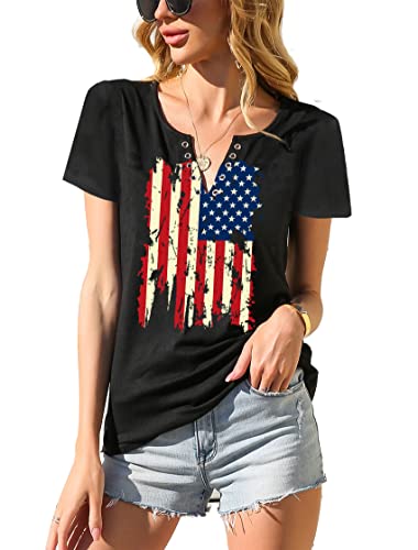 American Flag Shirt Tops Womens 4Th Of July T-Shirts Ring Hole Short Sleeve Sexy V-Neck Patriotic Tees (Black1, X-Large) #TOP1
