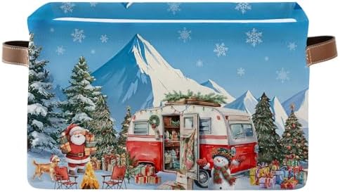 Blue Camping Snowman Christmas Gift Basket with Handles, Truck Santa Claus Basket Gift for Toys, Books, Foldable Storage Box for Shelves Home Office, Snowflake Xmas Tree Ornament14.9x11x9.4