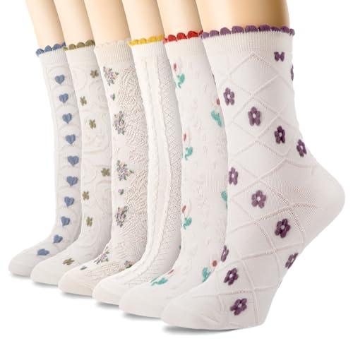 scenicamp 6 Pack Women's Ruffle Socks Cute Frilly Socks Vintage Floral Heart Cherry Pattern Cotton Breathable