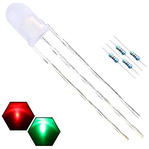 EDGELEC 100pcs 5mm Red&Green Lights Bi-Color LED Diodes Common Cathode (White Lens) Diffused Round Top 3Pin +200pcs 12V Resistor Included / Bulb Lamps Light Emitting Diode Cover