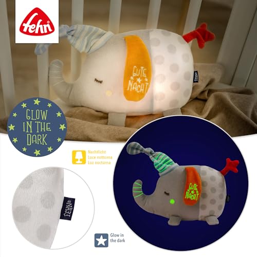 Fehn 053029 Elefante Con Luce Notturna, Animale Di Peluche Con Ricamo "Glow-In-The-Dark" Fosforescente E Modulo Luce Notturna, Per Bambini Da 0 Mesi, Dimensioni 21 Cm - 3