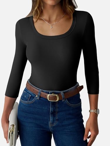 Womens 3/4 Sleeve Scoop Neck Top Ribbed Knit Slim Fitted Casual Basic Tee Shirts 2025 Fall Trendy Work T-Shirt Outfits2
