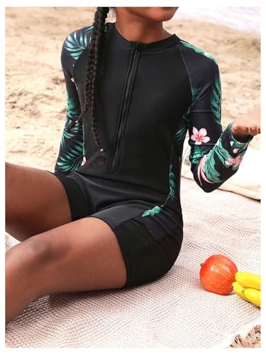SweatyRocks Girl's Rash Guard Hawaiian One Piece Swimsuit Sun Protection Zipper Long Sleeve Bathing Suit3