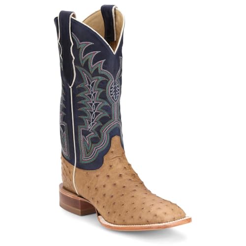 Justin Boot Company Men`s Chisolm Tan Full Quill Ostrich 13in Navy Blue Cowhide Top