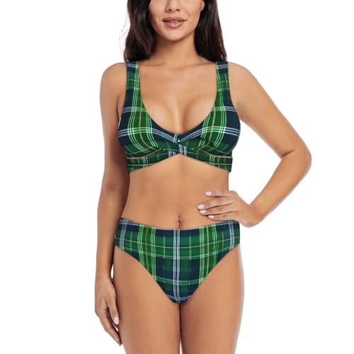 Maillot de bain 2 pièces bleu à effet tartan sculptant pour silhouette élégante à la plage