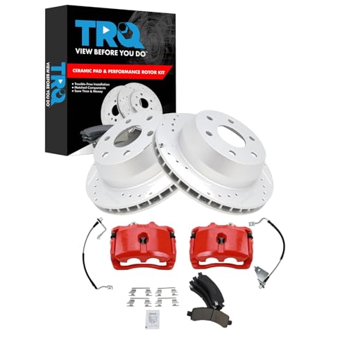 Image of TRQ Rear Performance Brake Pad, Caliper, Hose, & Rotor Kit Ceramic Premium G-Coated Red Compatible with 2003-2009 Chevrolet Express 1500 2003-2013 GMC Savana 1500