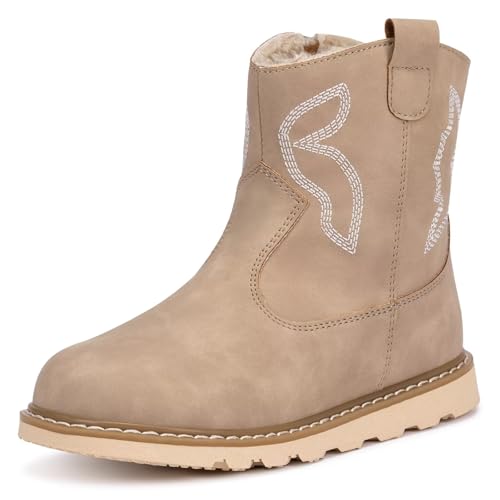 Frank Mully Kids Winter Boots for Boys Girls Round Toe Cowgirl Cowboy Boots Mid Calf Side Zipper Shoes Toddler/Little Kid/Big Kid