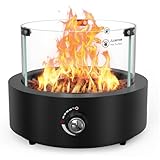 ONLYFIRE OUTDOOR LIVING Tabletop Propane Gas Fire Pit Side-Mounted, Portable Smokeless Gas Firepit with Glass Wind Guard & Lava Rocks for Patio Backyard Camping Bonfire RV Tailgating, Round FP038