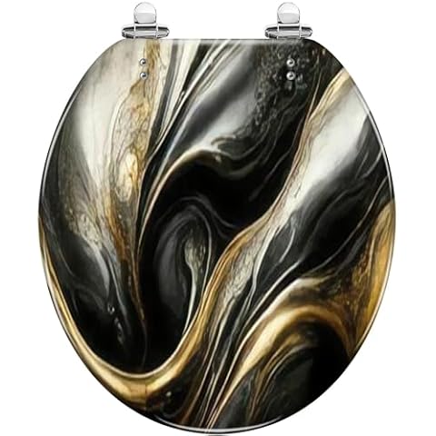 Round Toilet Seat Abstract luxury marble 3d painting Gold black colors Resin Toilet Seat Quietly Slow Close with Quick-Release Hinges Toilet Seat with Cover Easy to Clean Install Cover