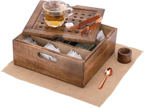 Wooden Tea Bag Organizer | Dark Burnt Finish | 9-Compartment Storage | Countertop | Accessories: Copper-Plated Tea Bag Squeezer & Spoon, Natural Jute Placemat, Wooden Napkin Ring