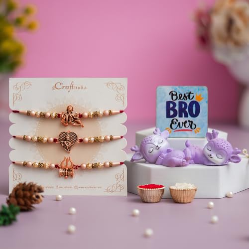 Image of eCraftIndia Set of 3 Designer Rakhis for Brother with Cute Sleeping Deer Showpieces, Best Bro Ever Fridge Magnet & Roli Chawal Pack | Ganesha, Radha Krishna & Trishul Rakhi | Raksha Bandhan Gift