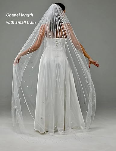 Elawbty F55WT-230 1 Tier Pearl Chapel Length Wedding Bridal Veil thumb #3
