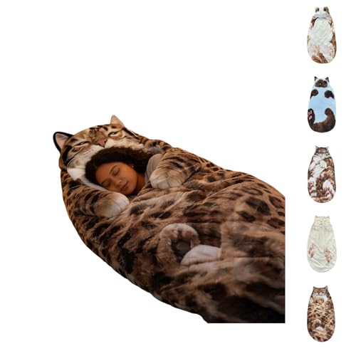 Kattenslaapzak voor volwassenen, kattenslaapzak, 175 x 80 cm, knuffelige pluche slaapzak in envelopvorm met pluizig kussen, wasbaar, warme deken, ideaal voor thuis, reizen of kamperen