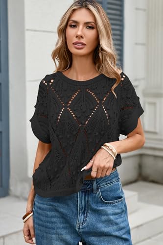 Image of Cakulo Womens Crochet Crop Tops 2026 Summer Short Sleeve Hollow Out Boho Sweater Beach Vacation Cruise Resort Wear