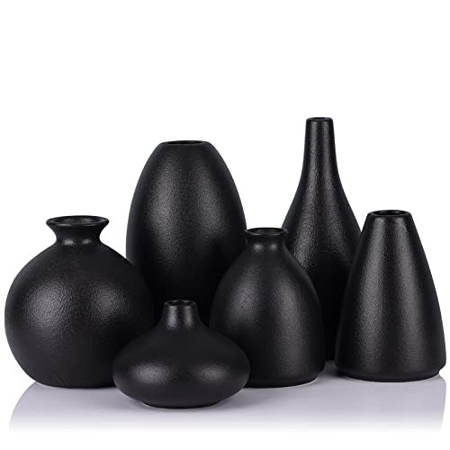 LCCCK Jarrones pequeños de cerámica Negro Mate para decoración,Paquete de 6 jarrones para Flores,para centros de Mesa,jarrones zacate de Las Pampas para decoración,Mesa de Centro,Entrada,estantería