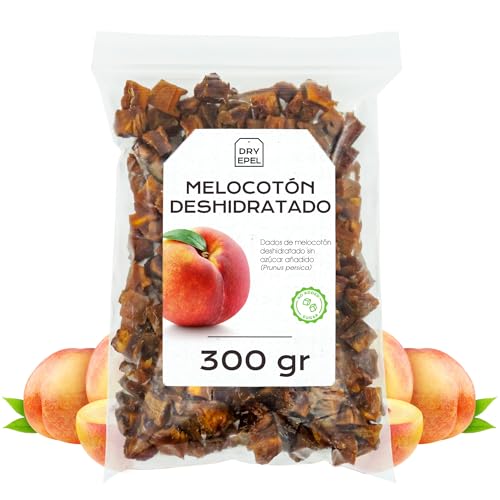 Melocoton Deshidratado Sin Azucar 300 g - Melocoton Seco Cortado en Dados - Fruta Deshidratada - Snacks Saludables - Ideal para Reposteria - Sin Azucar Añadido, Sin Gluten (300 gr, Melocotón)