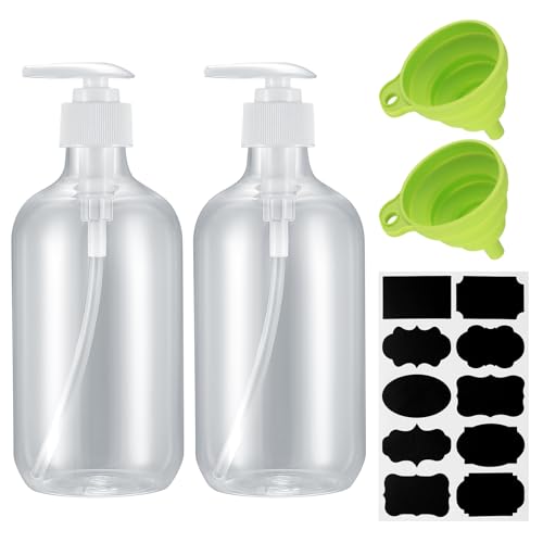 2 Stück Shampoo Flaschen zum Befüllen, Shampoo Duschgel Spender, Pumpspender, Leere Pumpflasche, Seifenspender Nachfüllbar für Lotionen Shampoo, mit Aufkleber