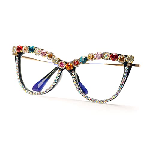 Image of Cat Eye Bling Colorful Rhinestone Reading Glasses For Women Blue Light Blocking Computer Eyewear (A diamond, 3.0)