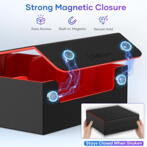 Image of Mlikero Trading Card Storage Box, Bulk Card Storage for 2400+ Sleeved Cards, PU Leather Magnetic Closure Card Organizer with 10 Dividers & 4 Foam Stoppers, Fit for MTG, TCG and Sports Cards (Red)