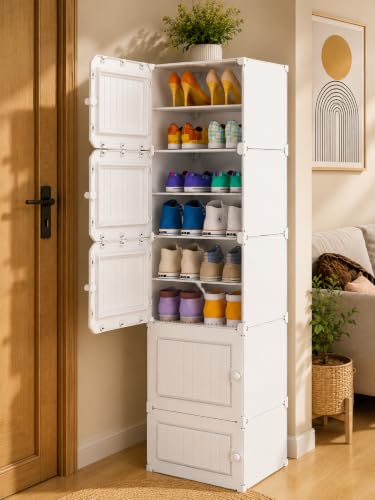 Image of Plastic Shoe Rack for Home with Door | 10-Shelf DIY Shoe Cabinet Organiser | Stores 18 Pairs | Foldable & Waterproof Shoe Stand for Entryway, Bedroom (White, 10-Layer)