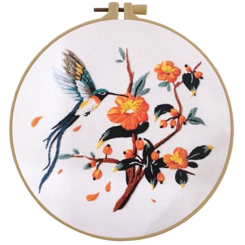 Image of Esffaci Embroidery Starter Kit for Adult Beginner with Hummingbird Flowers Pattern Hand Embroidery Set with Embroidery Cloth Hoop Needle Threader Embroidery Floss and Instruction