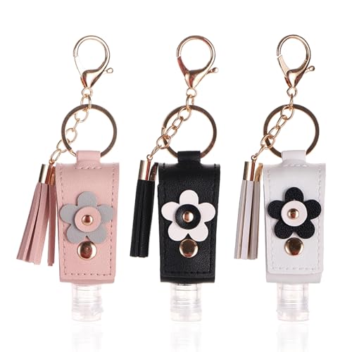 Image of 3 Pieces Small Hand Sanitizer Keychain, 30ml Portable Leather Hand Sanitizer Holder Travel Size for Lotion Liquid Soap Shampoo (Black、White、Pink)