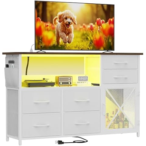 SZLHANJZ Dresser for Bedroom with LED Lights, TV Stand with Charging Station for 50 inch TV, 6 Drawers Chest with Door and Side Storage, Wide Metal Dresser Table for Living Room, White and Brown Cover
