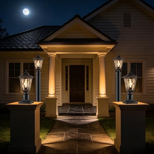 Image of JYZ Outdoor Post Lights Lamp Post Light Fixture, 14'' Pole Lantern with E26 Base 60W Max & Waterproof Aluminum Housing with Water Ripple Glass, Fence Post Deck Lighting for Garden, Patio, Pathway