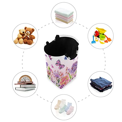 Summer Butterfly Flower Large Laundry Basket Watercolor Purple Floral Storage Laundry Bin Waterproof Folding Hamper Bag With Handle Oxford Dirty Clothes Washing Bin 22.7 Inch #TOP4