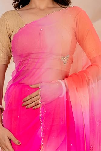 Image of Ombre Saree with Sequin Embroidery for Women | Pink Orange Gradient Saree | Wear, Festive and Occasion Saree with Blouse Piece | Pink | Pack of 1